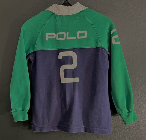 Polo Ralph Lauren Shirt Kids Size 5 Big Pony Green Blue Rugby Shirt - Picture 3 of 6
