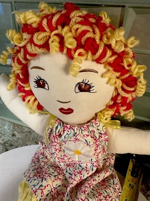 Unique Handcrafted 16  Rag Doll Embroidered Face Pink& Yellow Curly Hair 