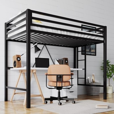 Loft Bed Twin Size with Ladder and Guardrail,Heavy Duty Metal Slats Support No