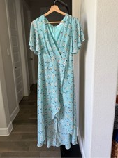 Azalosie Floral Aqua Maxi Wrap Dress with Flutter Sleeves M
