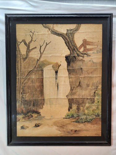 Mixed Media Waterfall Landscape Portrait Signed F Hoffman 48 Vintage / Antique - Picture 21 of 21