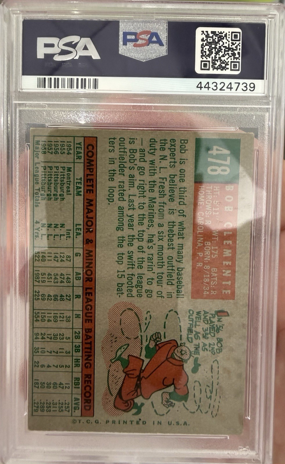 1959 Topps - Roberto Clemente #478 Bob on Card, PSA 4 VG-EX view 2