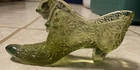 Vintage Fenton Art Glass Daisy & Button Olive Green Slipper with Cat Head