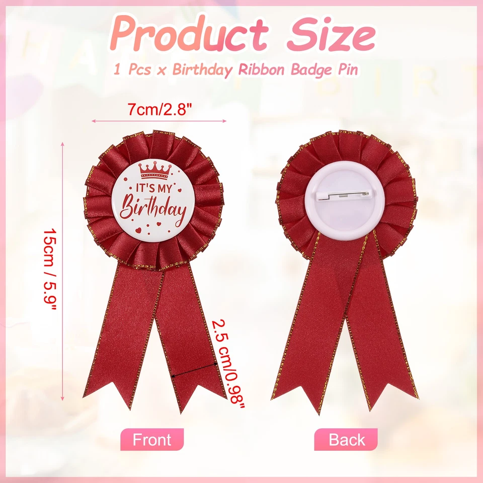 IT'S MY Birthday Pin, 5.9"x2.8" Tinplate Ribbon Badge Pin, Wine Red Foto 2 de 4
