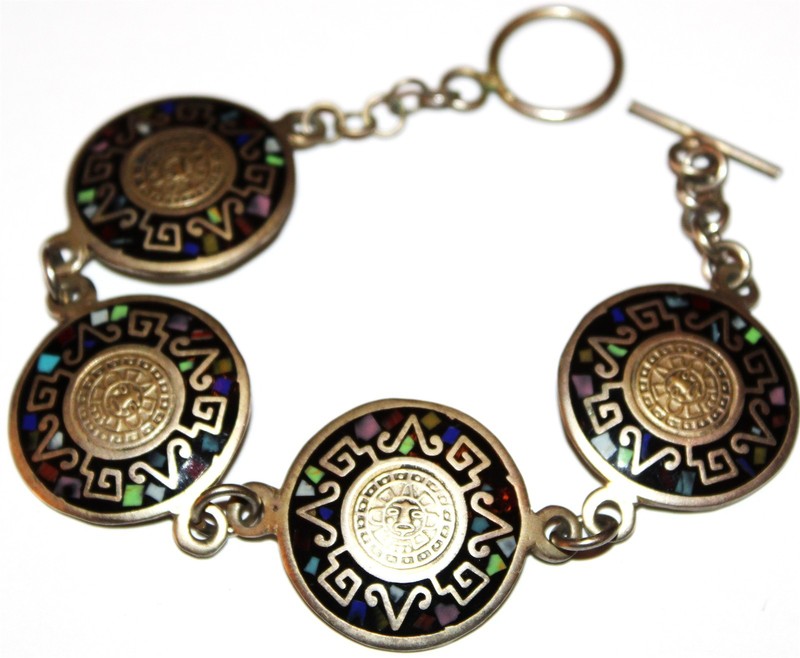 #7 Fabulous vtg 925 sterling silver mark stone inlay Mayan sun calendar bracelet