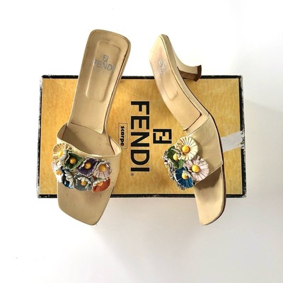 Fendi Retro Vintage Floral Beige Kitten Heel Mules Slides Sandals 6.5