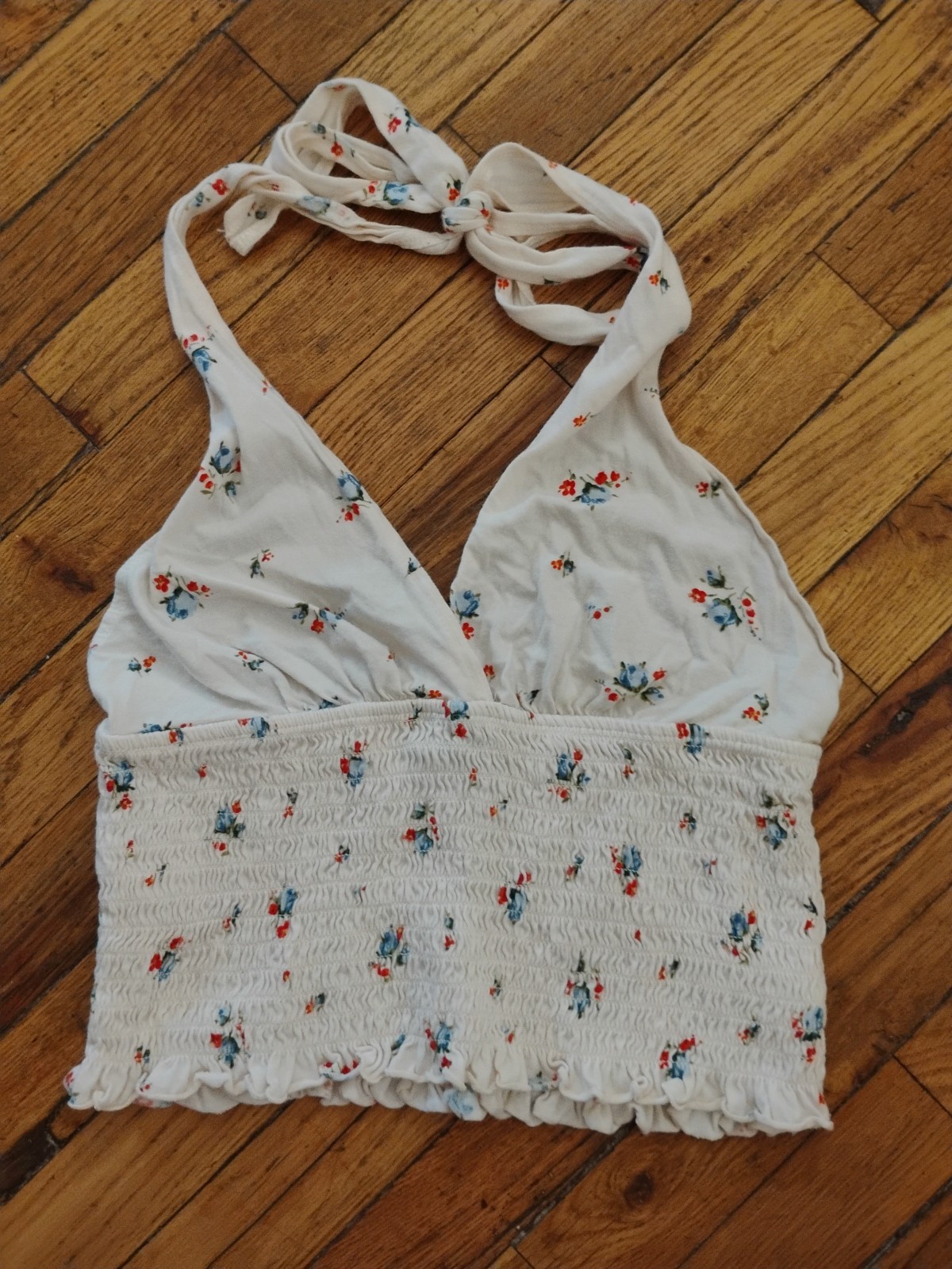 American Eagle Women’s Smocked Ivory & Floral Print Festival Boho Halter Top M
