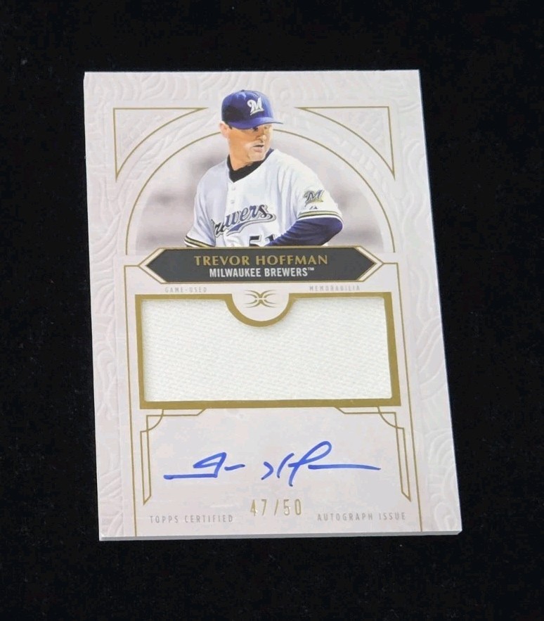 2025 Topps Definitive TREVOR HOFFMAN GAME USED JERSEY RELIC ON CARD AUTO /50