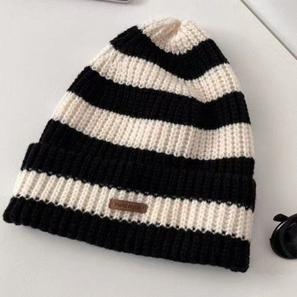 Juego de 2 PIEZAS Gorro Tejido a Rayas Hecho a Mano Azul Negro Invierno Slouchy Toque Cap Foto 2 de 4