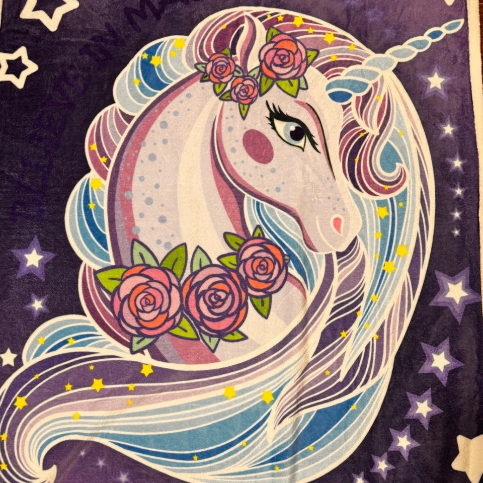 Manta mágica de vellón púrpura estrellas unicornio acogedora suave 58x45 Foto 3 de 3