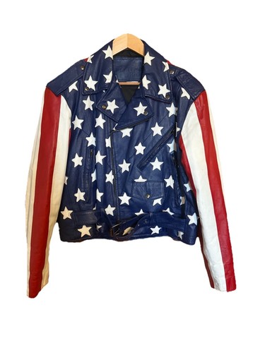 Vtg All American Rider Stars And Stripes Genuine Leather Flag Biker Jacket Sz L - Picture 1 of 10
