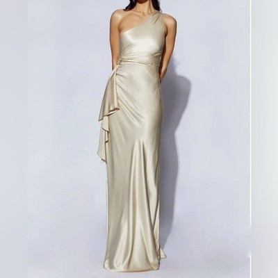 NWT MESHKI Calliope One Shoulder Maxi Dress Champagne Satin M
