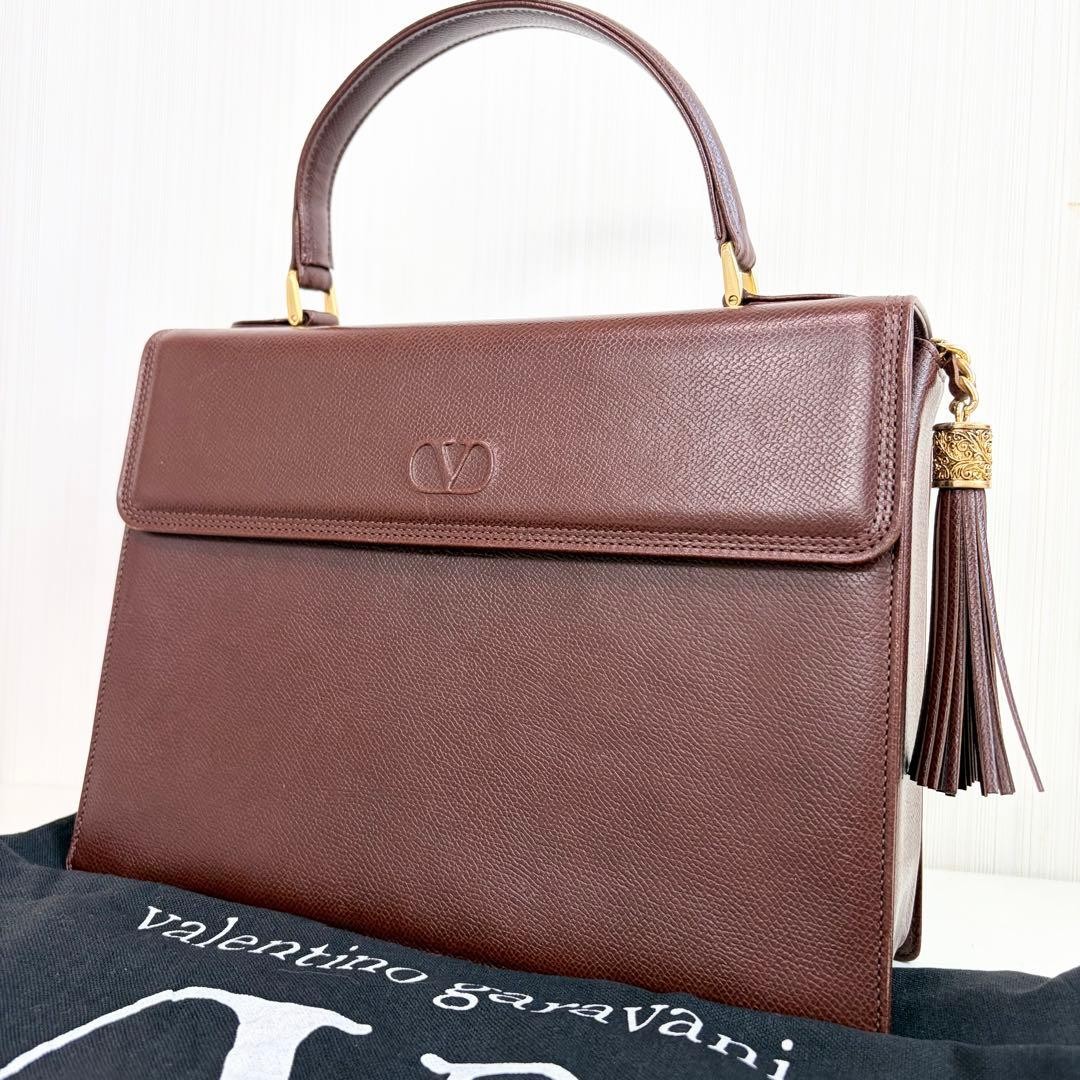 Valentino Garavani Hand Bag Tote Purse Logo Leather Brown Authentic