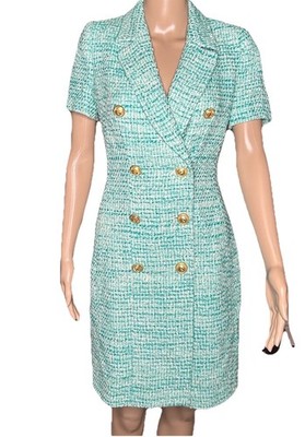 Luisa Spagnoli Vintage Tweed Collard V Neck Blue New Size 40 Made In Italy