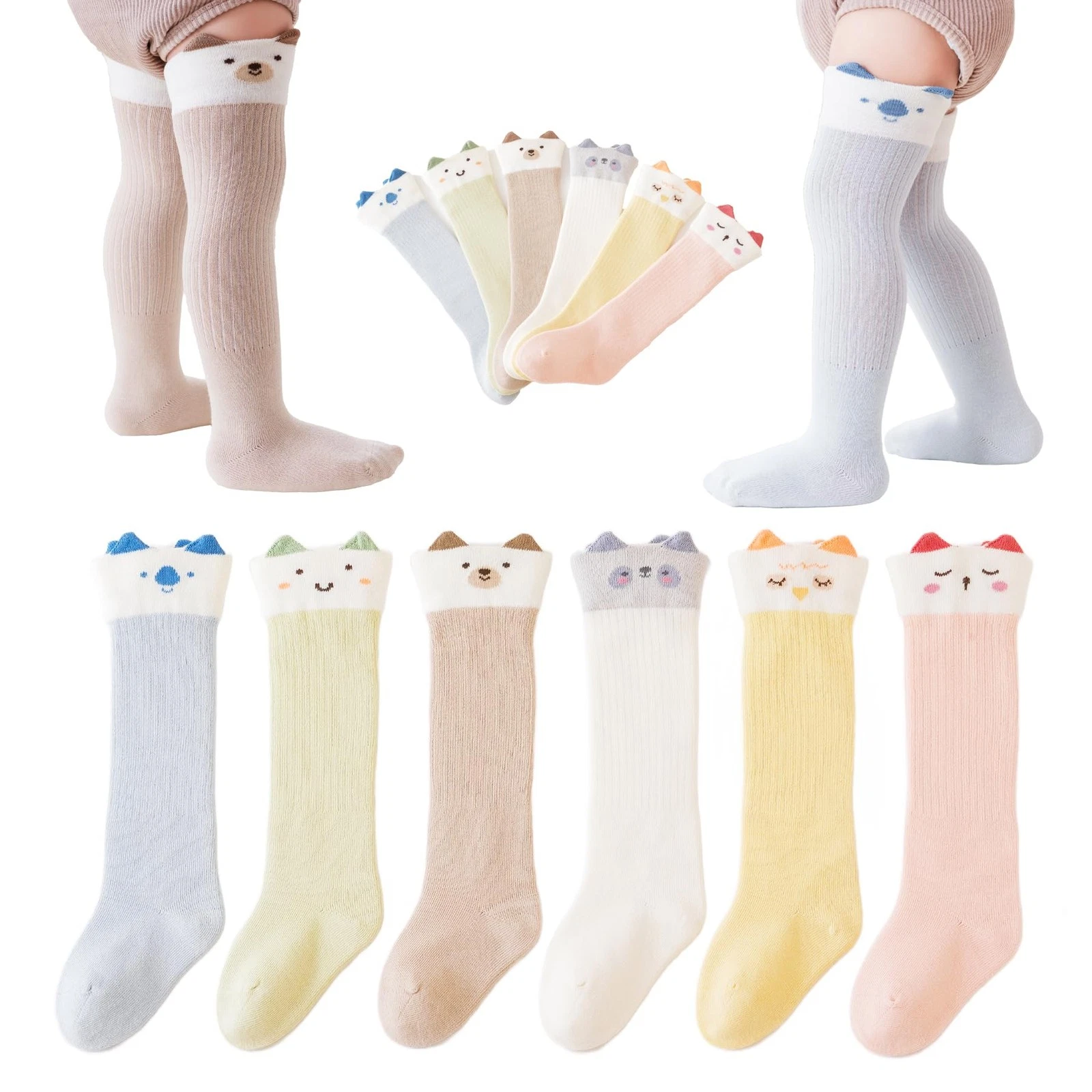 6 Pairs Baby Toddler Knee-High Socks Newborn Infant Long Tube Socks Unisex