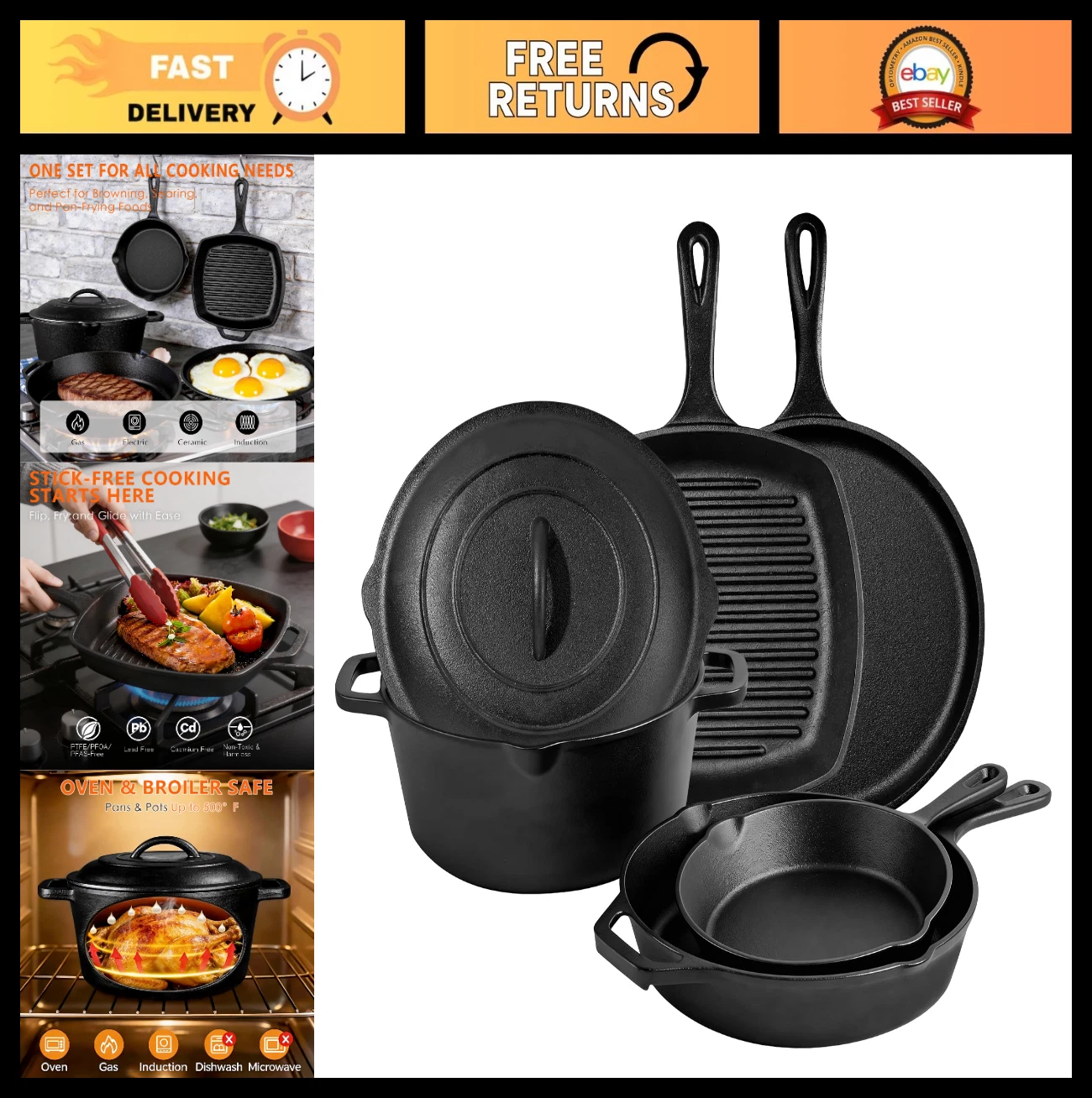 6-Piece Pre-Seasoned Cast Iron Cookware Set - Dutch Oven, Skillets, Griddle & Gr