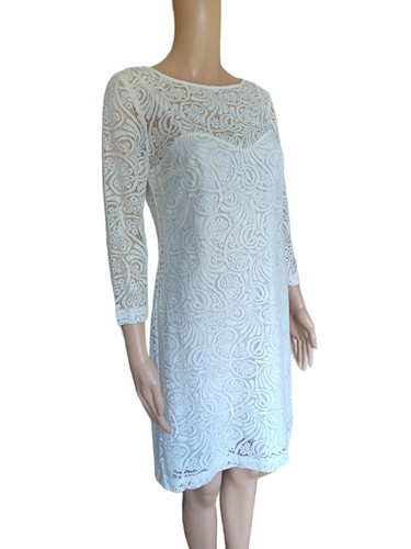 Trina Turk Womens White Lace Dress Knee Length Sheath Boat Neck Size 4 - Picture 9 of 12
