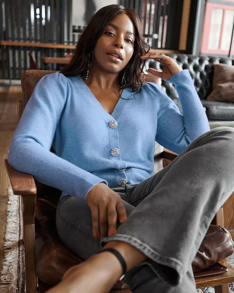 Light blue puff sleeve sweater sales