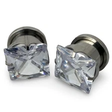 Pair of Prong Set 316L Steel Square CZ Screw on Plugs gauges