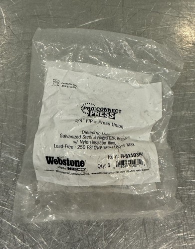 Webstone H-81103W Dielectric Union 3/4” FIP X PRESS NEW! FREE SHIPPING!