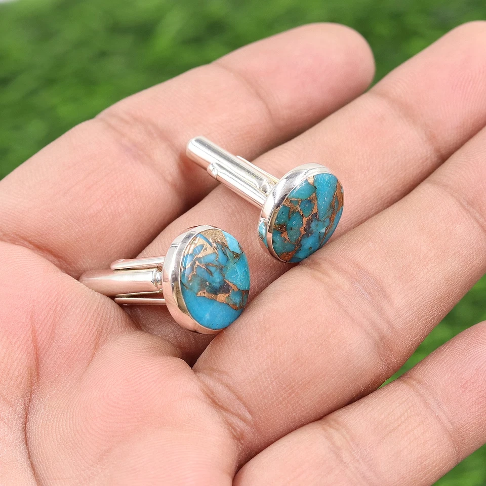 Запонки из стерлингового серебра 925 пробы с голубой медью бирюзой подарок жениху - Изображение 3 из 4