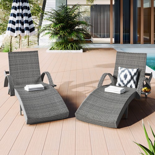 2-Pc Outdoor Wicker Chaise Lounge Set w/ Side Table & Adjustable Backrest - Picture 2 of 24