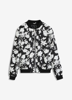 Neu Blouson mit floralem Druck Gr. 40 Schwarz Wollweiß Damen Loose Fit-Jacke