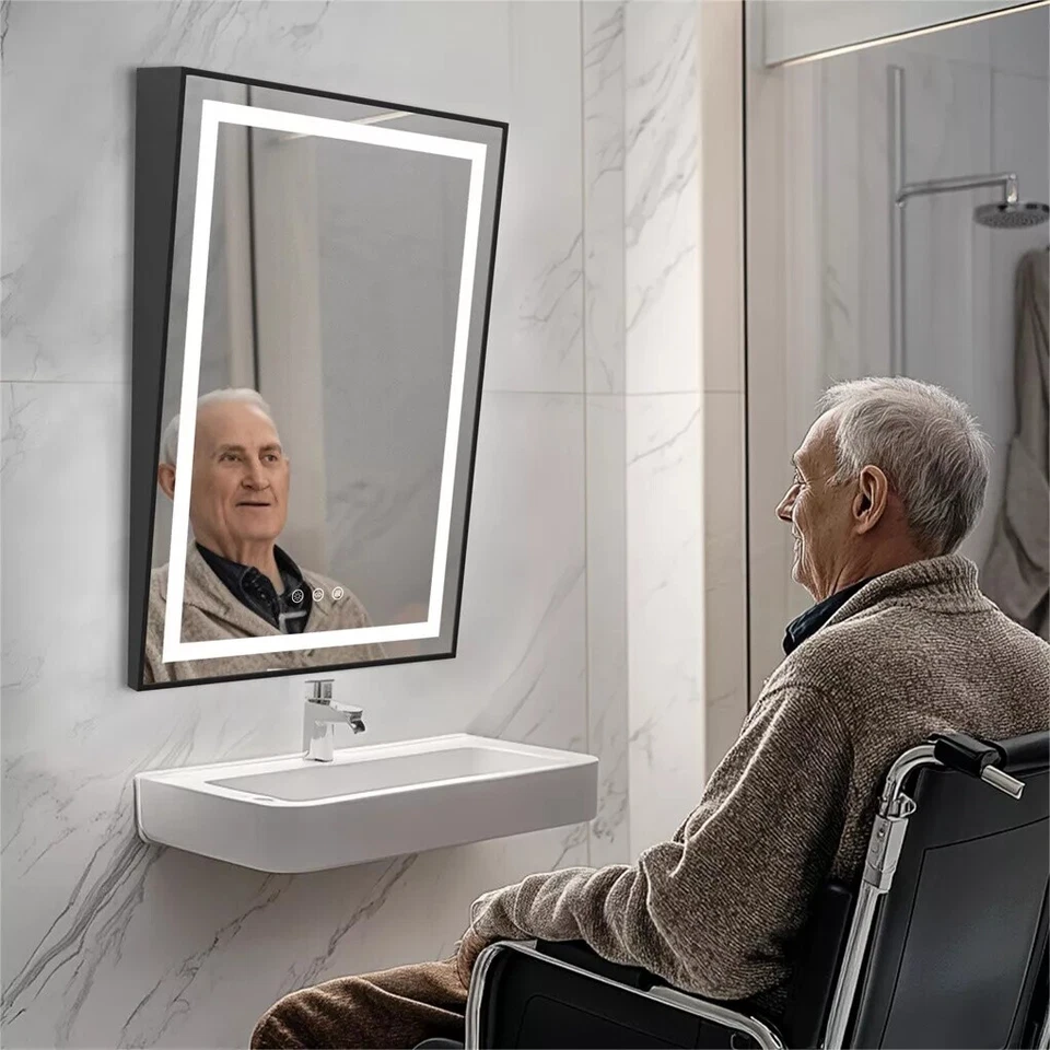 Espejo fijo ADA para baño con iluminación LED con marco inclinable tocador espejo de 3 colores Foto 3 de 4