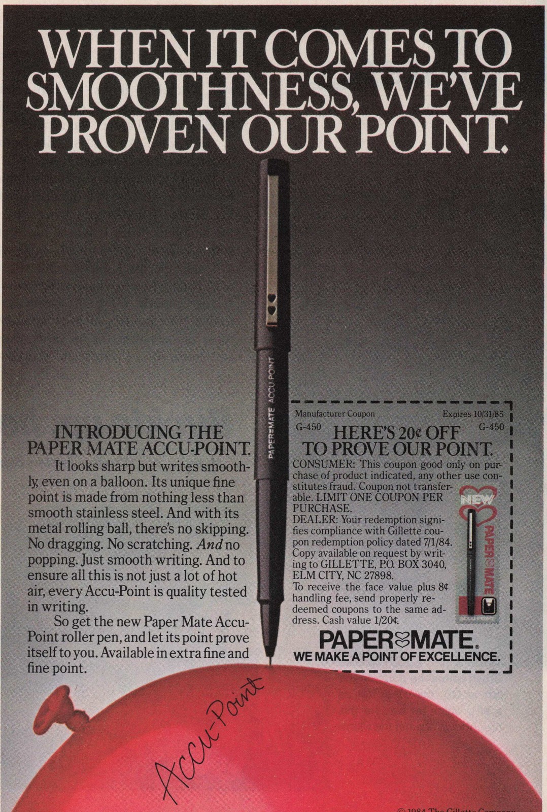 1984 Vintage Print Ad Paper Mate Accu-Point Pen Smoothness 20c Coupon Ballpoint