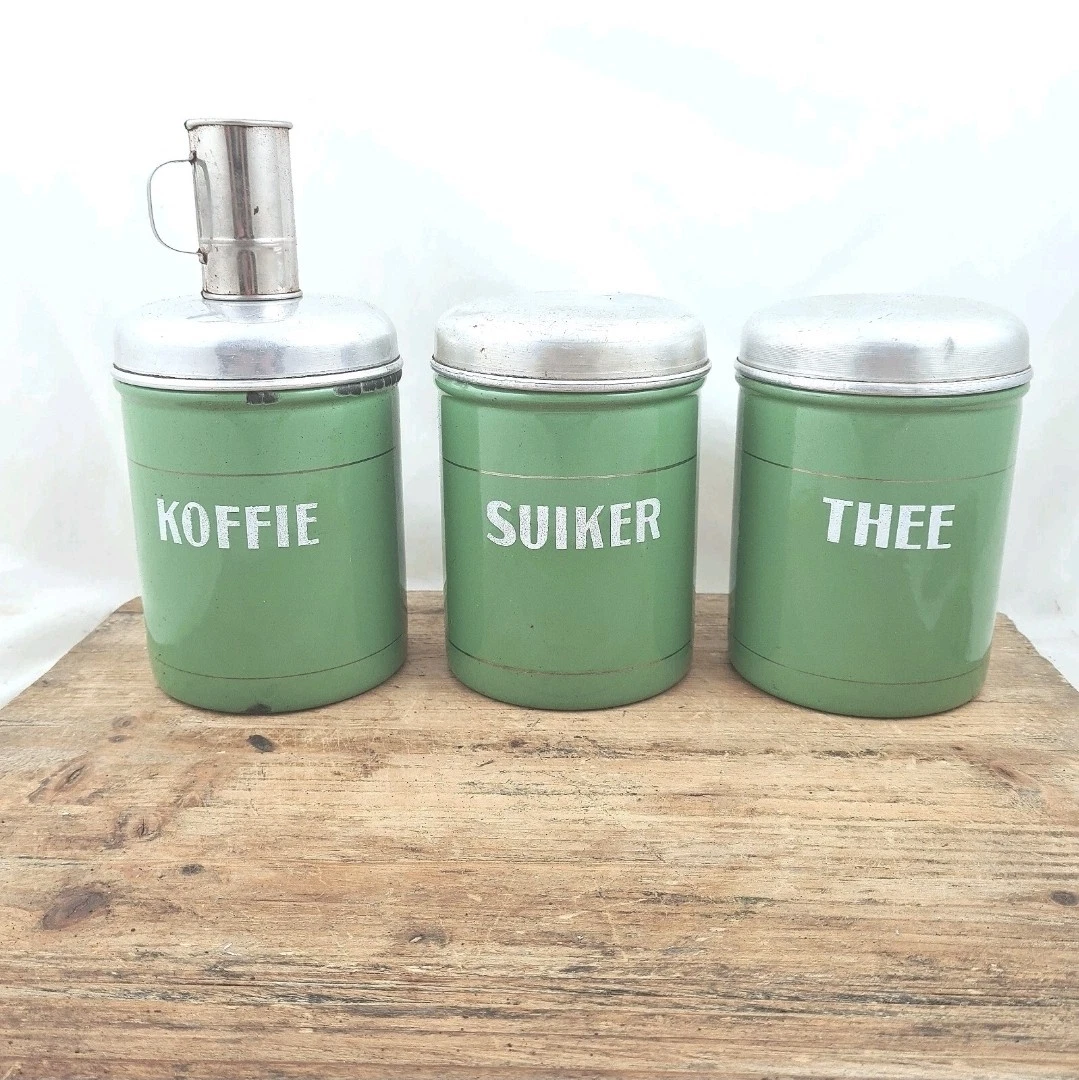 Vintage Coffee, Sugar & Tea Storage Jars, Reseda Enamel Green