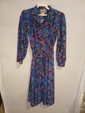 Vtg 80s California Looks Blue/Purple Tone Floral Dress Secretary SZ 6P B15