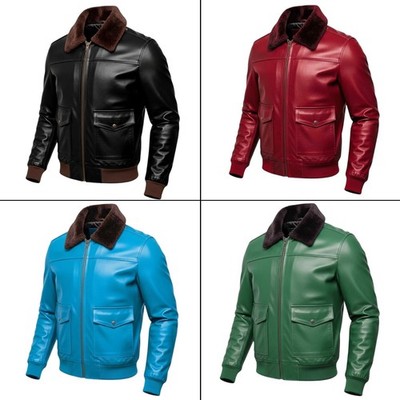 Men s Lambskin Leather Bomber Jacket Faux Fur Collar Aviator Pilot Coat
