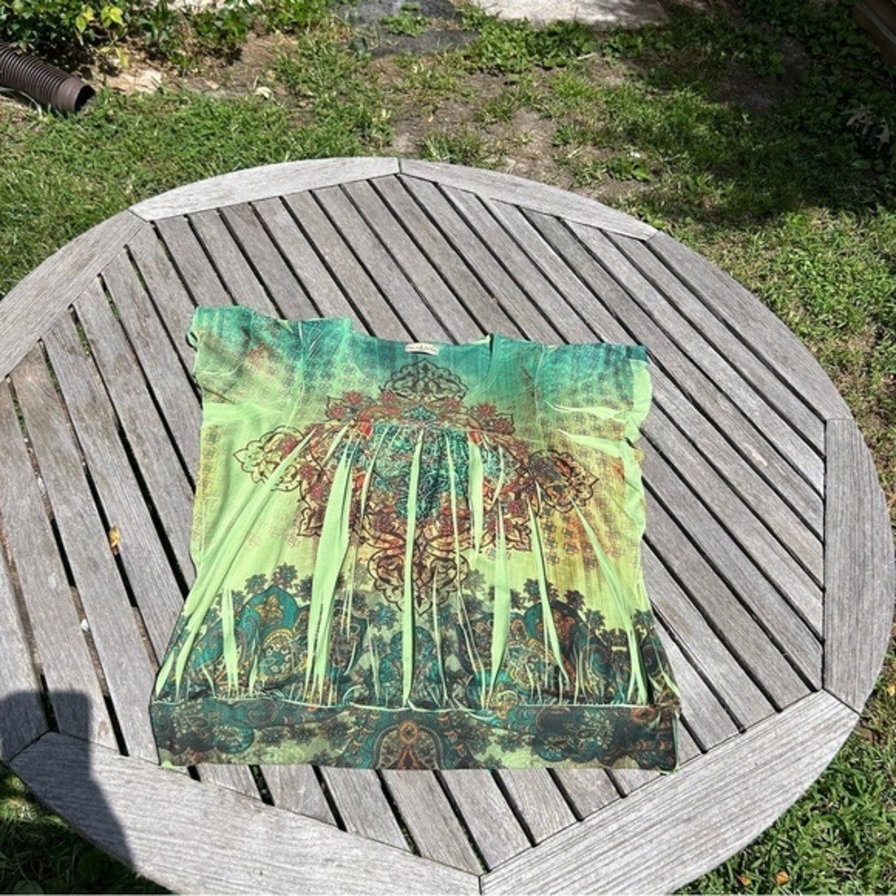 LIVE AND LET LIVE Shirt Top Petite XL Green Sublime Rhinestone Fairy Fall Light