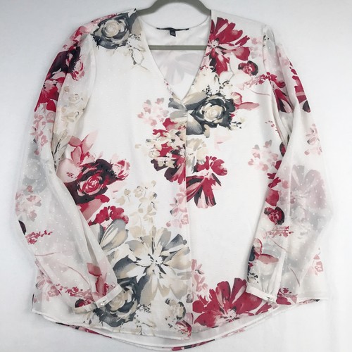 White House Black Market WHBM Top Womens 14 White Red Floral Swiss Dot