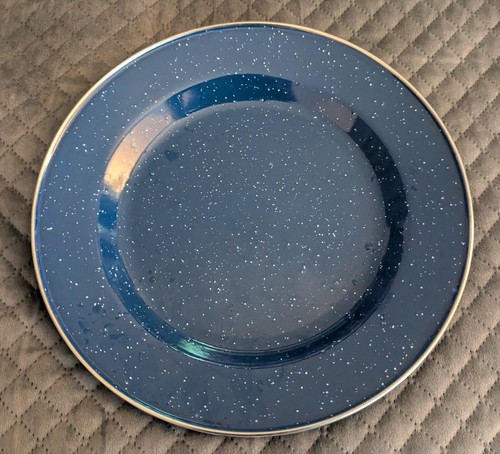 Metal Blue Speckled Enamelware Plates With Silver Rim 10" Set Of 4 - Picture 4 of 9