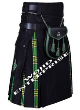 Scottish Handmade Irish Tartan Hybrid Utility Kilt Black Cotton Kilt  Sporran
