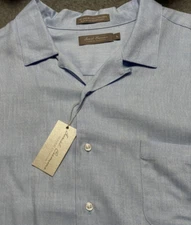 Cremieux Signature Collection Mens Dress Shirt Tencel Lyocell Linen Large Blue