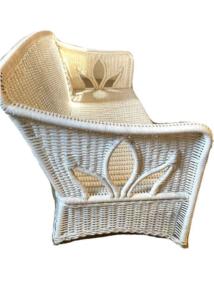 Mid Century Antique Large Rattan Wicker Couch-Lotus Cutouts, Scalloped Bottom - Image 4 of 4