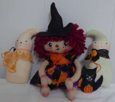 CLOTH HALLOWEEN WITCH DOLL W/ GHOST & BLACK CAT - SIGNED - 2020