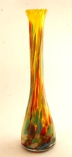 VINTAGE YELLOW ART GLASS BUD VASE TUTI FRUTI RAINBOW 10"