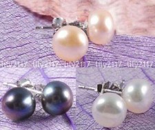 Beautiful Natural 3Colors 7-12mm Akoya Cultured Pearl Silver Stud Earrings AAA