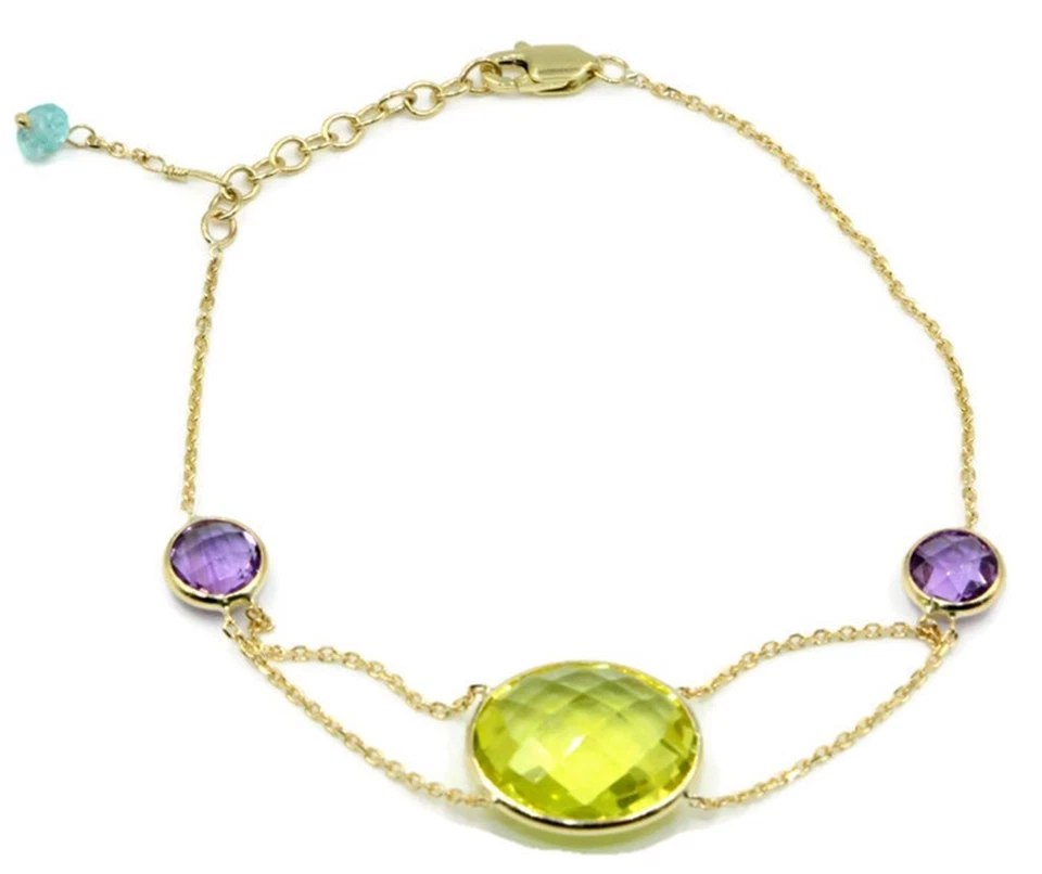 Lemon Quartz & Amethyst Gemstone 7 " Bracelet,14k Yellow Gold with Extensions - Image 2 of 4