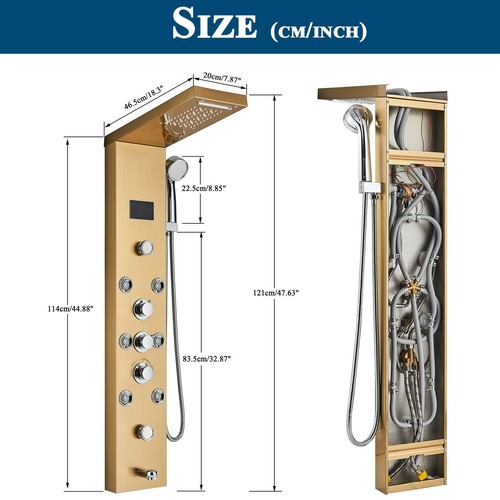 Gold LED Shower Panel Tower Rain Head Combo Massage Jets System Stainless Steel - Picture 9 of 11