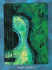 Original-ACEO-Guitar-green-miniature-acrylic-painting-not-framed