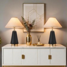 18.11 Inch Black Modern Table Lamp Set of 2, Beige Fabric Shade with PU Leath...