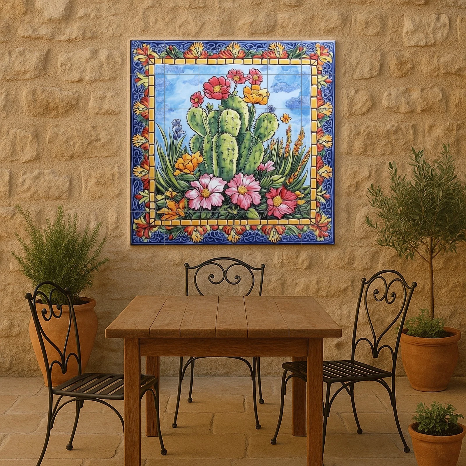 Mexican Cactus Ceramic Tile Mural – Colorful Desert Wall Art, Floral Pattern
Opens in a new window o