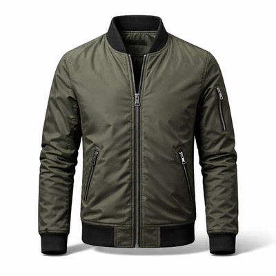 Men's Olive Green Polyester  Bomber Jacket Lightweight Slim Fit Casual Zip Up