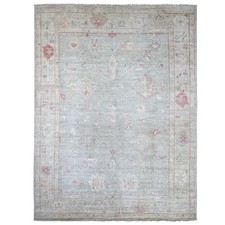 9'2"x12' Light Gray Afghan Angora Oushak Leaf Design Hand Knotted Wool Rug 22701