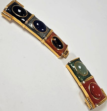 VTG Alexis Kirk Cabochon Stones Belt Buckle 2-peice Gold Tone Green Red 5 3/4"