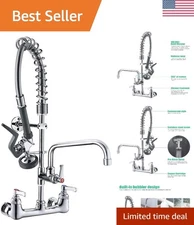 25" Wall Mount Commercial Kitchen Faucet with Pre-Rinse Sprayer & Add-On Spout
